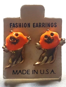 Aretes de Halloween vintage esmaltados en tono dorado Jack o linterna calabaza fantasma - Imagen 1 de 2