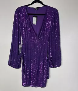 Bebe Womens Wrap Long Sleeve V Neck Sequin Tie Front Mini Dress Purple Sz XS - Picture 1 of 12