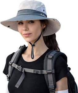 Ponytail Sun Hat for Women Men 3” Wide Brim UPF 50+ Beige/Grey(ponytail Hole) - Picture 1 of 7
