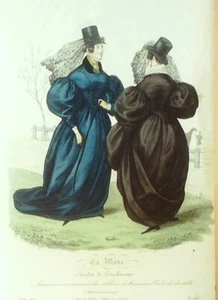 Gravure de mode originale signée réhaussee en couleurs Amazones 1849 - Picture 1 of 1