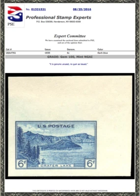 #761 NGAI, No Gum As Issued, PSE Graded 100, Certificate  # 01321521 - Image 1 of 2