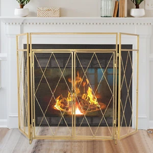 Double Door Fireplace Screen 50 X 32Inch Large 3 Panel Foldable Wrought Iron Fre - Picture 1 of 7