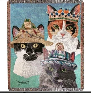 Cat In Hats Multiple Breeds Woven Tapestry Fringed Throw Blanket by Two Can Art - Picture 1 of 7