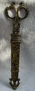 Antique Victorian Ornate Sewing Scissors Brass Handles & Sheath 22cm Length - Picture 1 of 13
