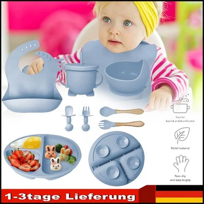 7tlg Silikon Baby Geschirrset, Rutschfest Kindergeschirr Set mit Saugnapf Kinder - Bild 1 von 4