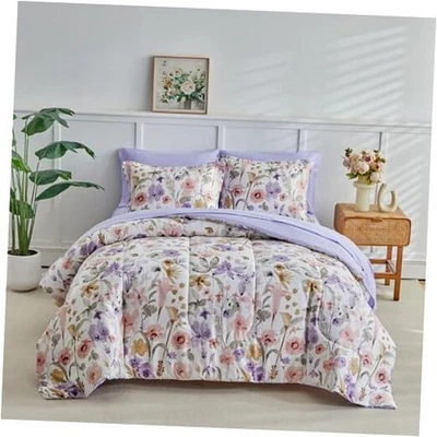 Juego de edredón floral 7 piezas blanco con reina púrpura 7 piezas flores moradas Foto 1 de 4