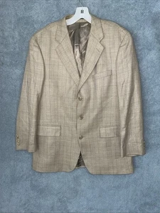 Chaps Ralph Lauren Blazer Mens 41R Beige Silk Wool Linen Plaid Buttons Career - Picture 1 of 12