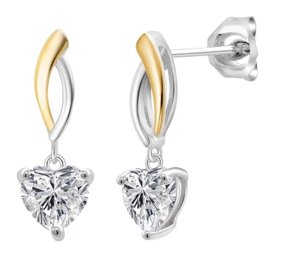 10K Two Tone Gold 2.00 Carat Heart Shape Lab Grown Diamond Dangle Drop Earrings - Image 1 of 4