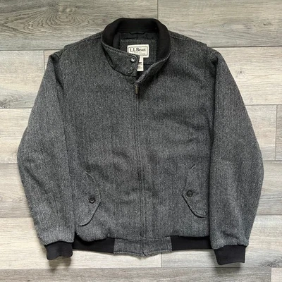L.L.Bean Mens L Bomber Zip Up Jacket Herringbone Wool Blend Gray Black 0JQW4 - Image 1 of 4
