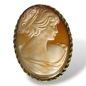 Antique Victorian Hand Carved Cameo Brooch or Pendant 10K Gold Trim 1.75" - Picture 1 of 7