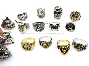 Biker Rings Lot 24 pcs gothic skull wolf wholesale men jewelry - Picture 1 of 12