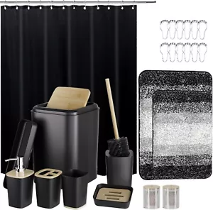 24-Piece Luxury Bathroom Set with Waterproof Shower Curtain & Rugs - Black/White - Picture 1 of 9