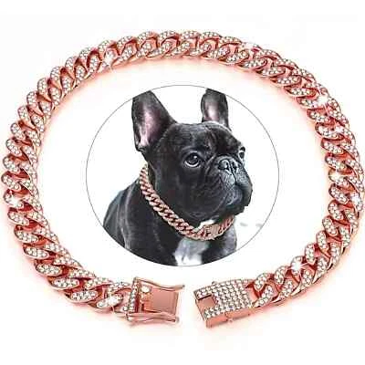 Dog Chain Collar Rose Gold  Pink Bling Cuban Diamond Rhinestone Necklace Cat Pet - Image 1 of 4