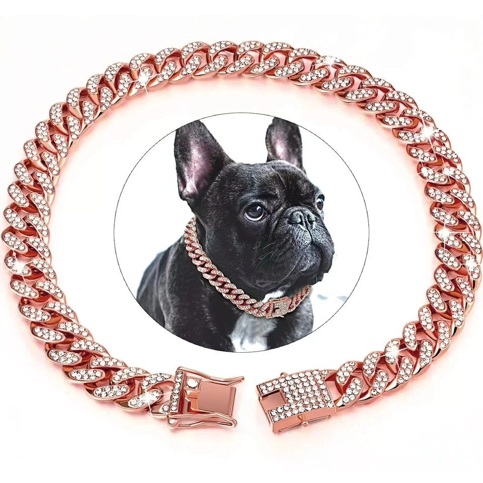 Dog Chain Collar Rose Gold  Pink Bling Cuban Diamond Rhinestone Necklace Cat Pet - Image 1 of 4