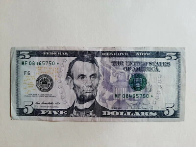 2013 Five dollar star note MF08465750*-$5 - Image 1 of 3