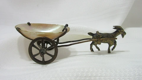 Antique Thimble Holder Goat with Mother of Pearl Cart Moving Wheels Cover