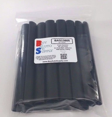 BUY AUTO SUPPLY (25 6" Pcs) 1/2" / 12.7mm Black Adhesive Lined Dual Wall 3:1 Heat Shrink Tubing