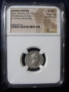 Settimio Severo, AD 193-211 IMPERO ROMANO AR Denario NGC CH XF Vittoria Avanzata - Foto 1 di 9