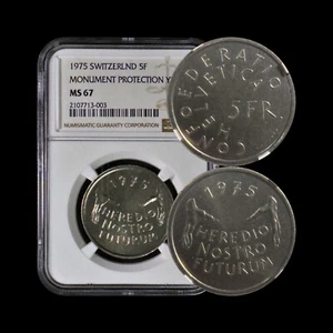 SWITZERLAND. 1975, 5 Francs - NGC MS67 - Top Pop 🥇 Historic Preservation Year - Picture 1 of 5