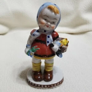 Vintage Girl with Flower and Basket Figurine Made in Occupied Japan Blue Scarf - Picture 1 of 10