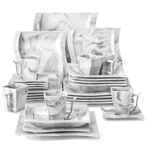 MALACASA Flora Dinnerware Set 30pcs Porcelain Marble Grey Wave-shaped Tableware - Picture 1 of 12