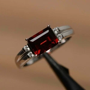 3Ct Emerald Cut Simulated Garnet Solitaire Engagement Ring 14k White Gold Plated - Picture 1 of 7