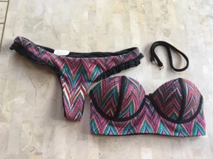 BEACH BUNNY BRONZE ZIG ZAG RUFFLE BRAZILIAN TANGO THONG BATHING SUITE SZ S 2 PC - Picture 1 of 11