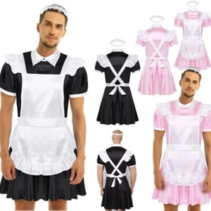 Mens Sissy Satin Maid Uniforms Crossdress Nightdress with Apron Headband Outfit - Picture 1 of 38