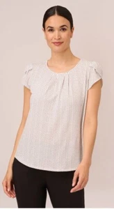 Adrianna Papell Top Women’s 1X White Black Seed Dot Short Sleeve Pleated Detail - Picture 1 of 13
