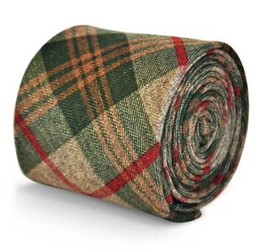 Frederick Thomas Designergreen, brown & red check plaid 100% mens wool tie - Picture 1 of 4