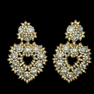 Vintage Thelma Deutsch Signed Large Rhinestone Open Heart Clip Dangle Earrings - Picture 1 of 12