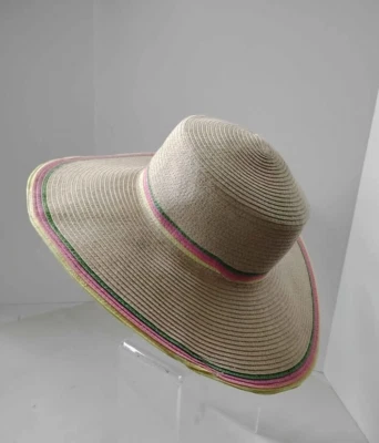 Sombrero Verano Beige Paja Ala Ancha Borde Color Arco Iris Nuevo Foto 1 de 4