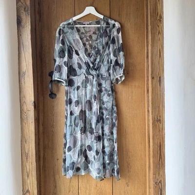 Phase Eight Frock & Frill Size 14 Sheer Silk Dress Green Grey Spot Print V-neck - Image 1 of 4