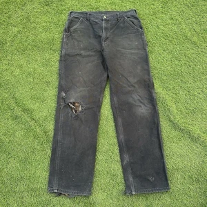Carhartt Pants Mens 36x34 Black Flannel Lined Duck Carpenter Canvas Distressed - Picture 1 of 11