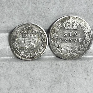 2 x 1900 Great Britain 3 Pence Sixpence Queen Victoria Silver Coins - Foto 1 di 2