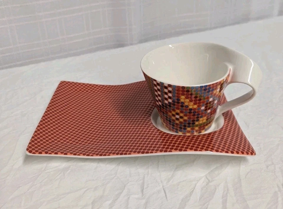 Conjunto de caneca e prato de lanche Villleroy & Boch New Wave laranja vermelho amarelo design de mosaico - Imagem 1 de 4