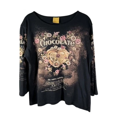 Katina Marie Floral Chocolate Rhinestone Print Long Sleeve Top Womens L USA Made - Image 1 of 4