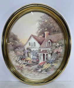 VINTAGE HOME INTERIORS HOMCO GOLD FRAMED OVAL COUNTRY COTTAGE PICTURE FREE SHIP - Picture 1 of 3