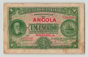 ANGOLA 1 Escudo 1921, P-55, Banco Nacional Ultramarino, Original VF, Scarce. K2 - Picture 1 of 2