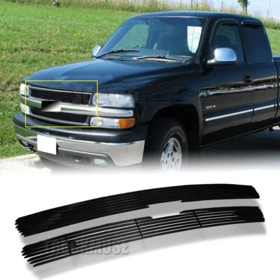 Front Black Billet Grille For 1999-2002 Chevy Silverado 1500/2500 Upper Grill Foto 1 de 4