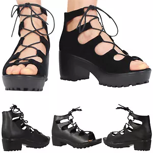 KINDER MÄDCHEN KINDER GROBE STOLLENSOHLE PLATEAU SCHNÜRER BLOCKABSATZ SCHUHE - Bild 1 von 9