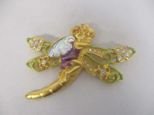 SIGNED KIRKS FOLLY AURORA BOREALIS WOODLAND FAIRY on DRAGONFLY BROOCH ~ 3 3/8" - Picture 1 of 4