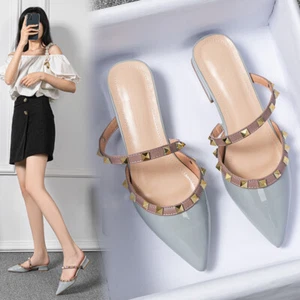 Rivet Studded Mule Block Heeled Sexy Strap Sandals Blue Walk Women Shoes 35-43 - Picture 1 of 59
