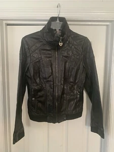 Giacca donna Guess vera pelle media zip moto stampa animalier fodera nera - Foto 1 di 11