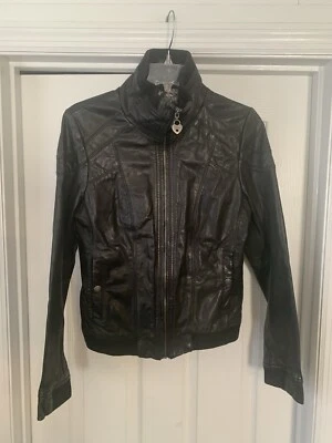 Guess Womens Genuine Leather Jacket Medium Zip Moto Animal Print Lining Black - Image 1 of 4