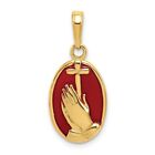 Real 14kt Yellow Gold Red Enamel Praying Hands and Cross Pendant