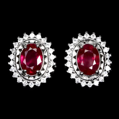 925 Sterling Silver Earrings Oval Ruby 7x5mm Simulated Cz Gemstone Jewelry - Image 1 of 4
