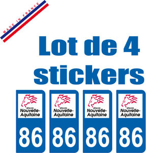 4 STICKERS PLAQUE AUTO IMMATRICULATION DEPARTEMENT 86 logo AQUITAINE Lion Rouge
