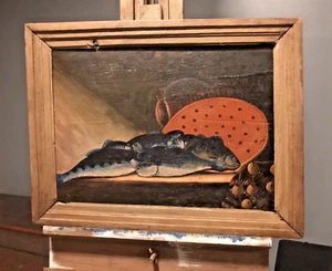 American Folk Art - antique oil painting on board, “Bluegills”, original frame - Picture 1 of 11