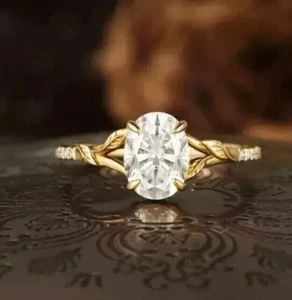 Solitaire Oval Cut Simulated Diamond Pretty Wedding Ring 14k Yellow Gold Plated - Picture 1 of 6
